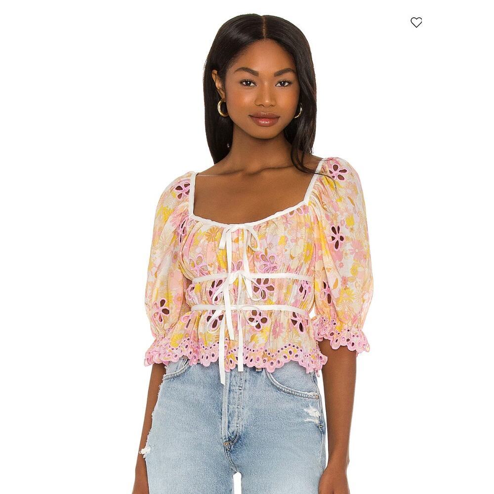 For Love & Lemons Pink Yellow Floral Eyelet Peasant Blouse
